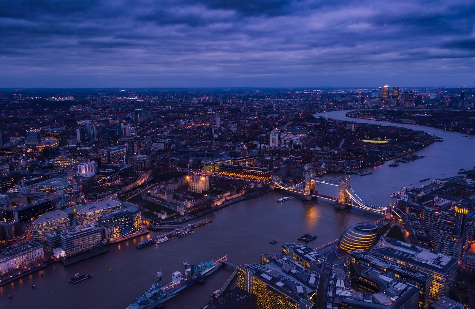Aerial view of Tower Bridge and the River Thames at twilight